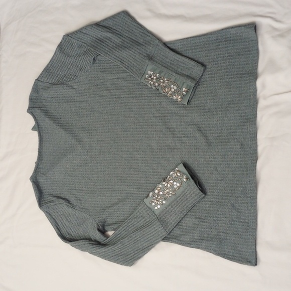 Soft Surroundings Womens Blouse Sz PM Blue Jewels Polo V Neck Waffle Knit Winter - Picture 10 of 10